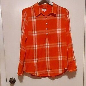 Crown & Ivy Red & White Plaid Shirt Sz L Long Sleeve Button Up Light weight